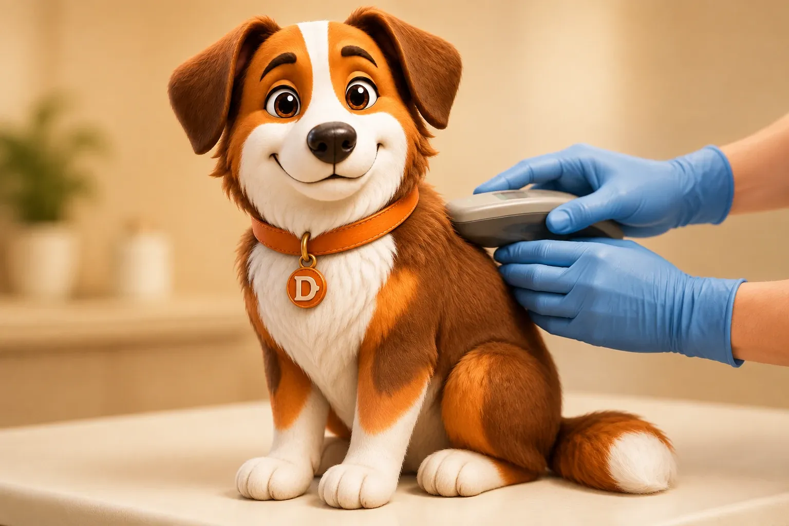 Dana the mascot dog sitting patiently on a vet clinic table while a handheld scanner is passed over her shoulders