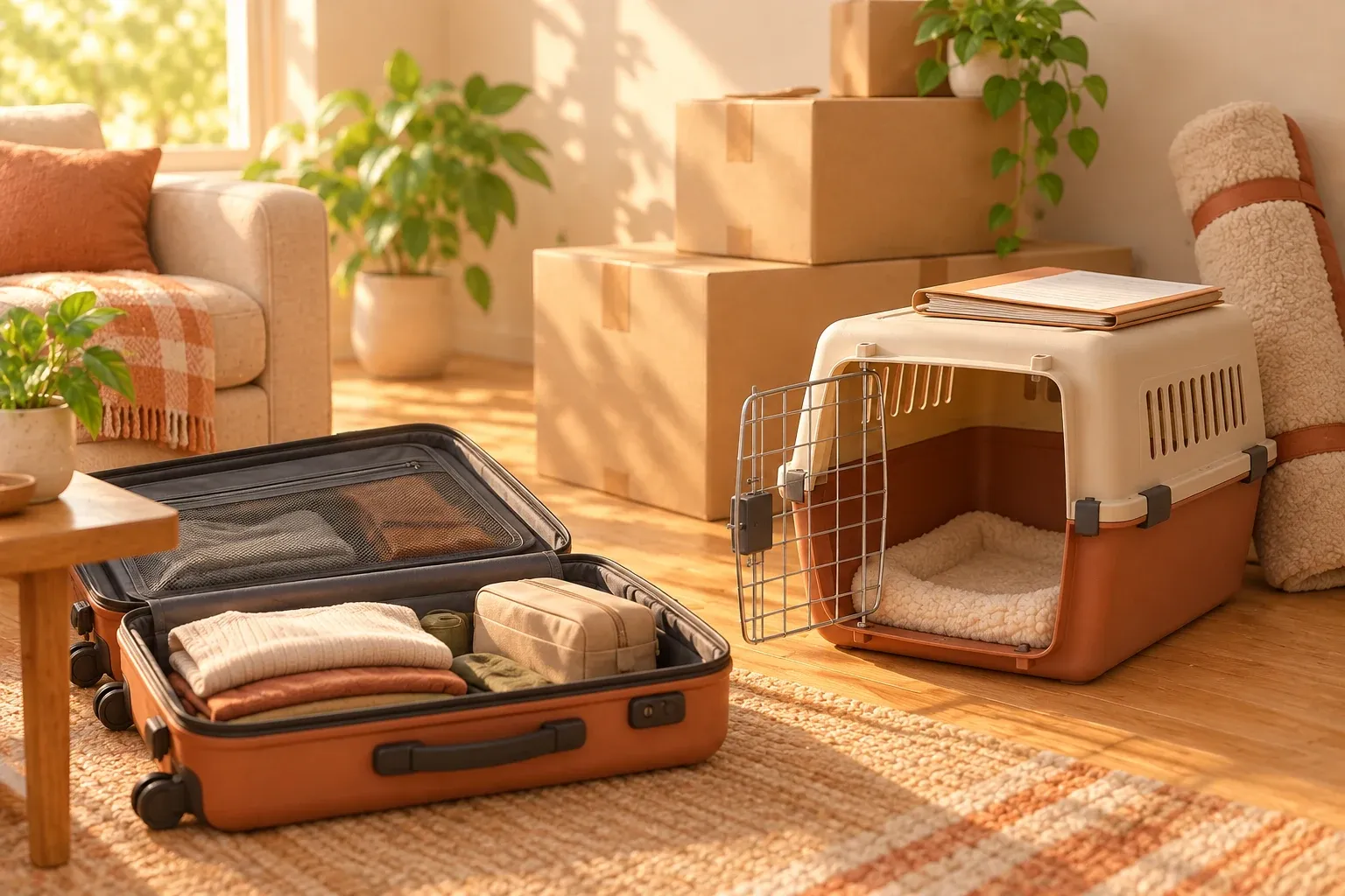 A half-packed living room with an open suitcase of folded clothes on the rug, a plastic pet travel crate with its wire door swung open beside it, a document folder resting on top of the crate, stacked moving boxes behind and a rolled-up dog bed against the wall