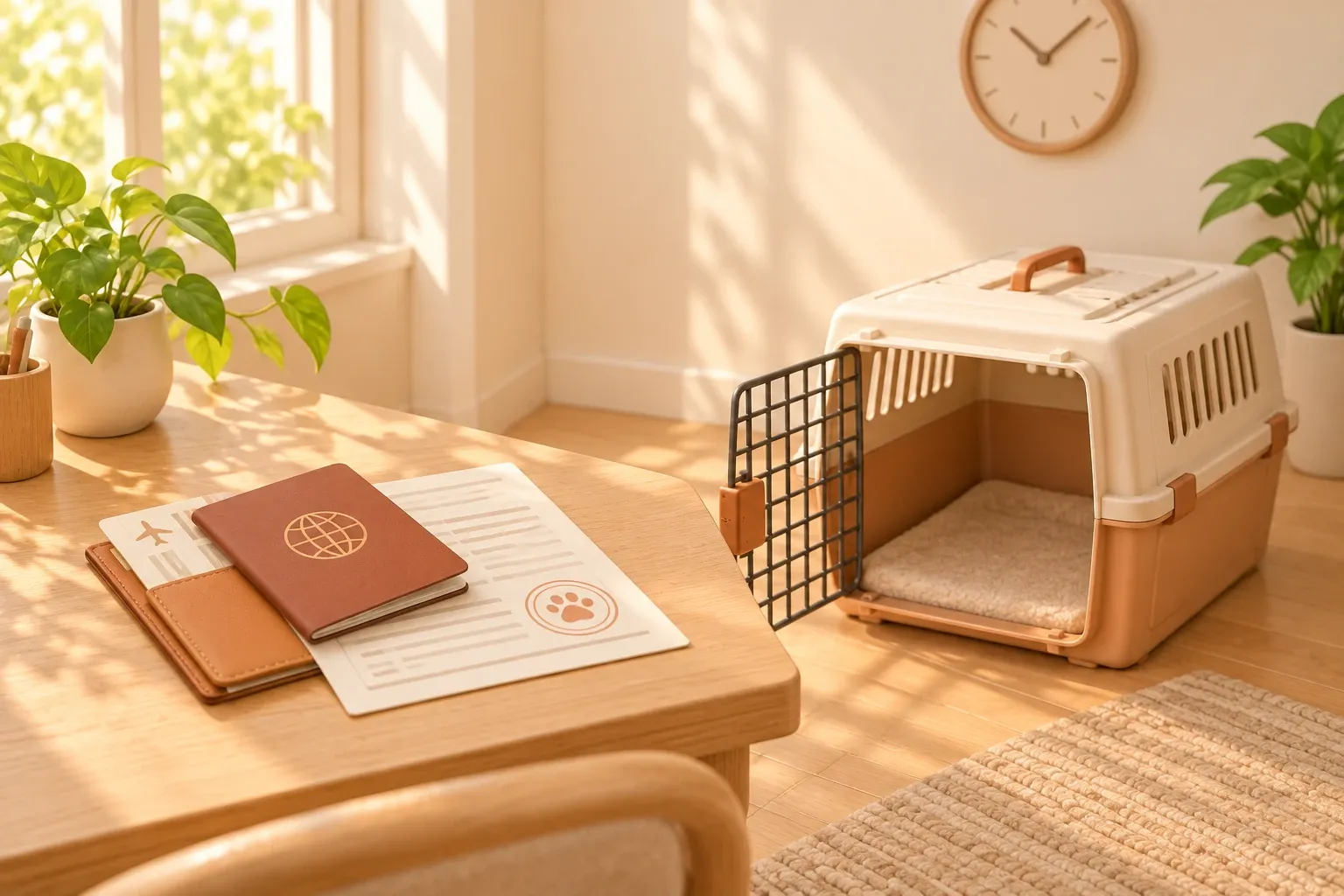 A desk beside a window holding a stamped veterinary certificate under a closed passport and a boarding wallet, with an empty travel crate open on the floor and a plain wall clock above