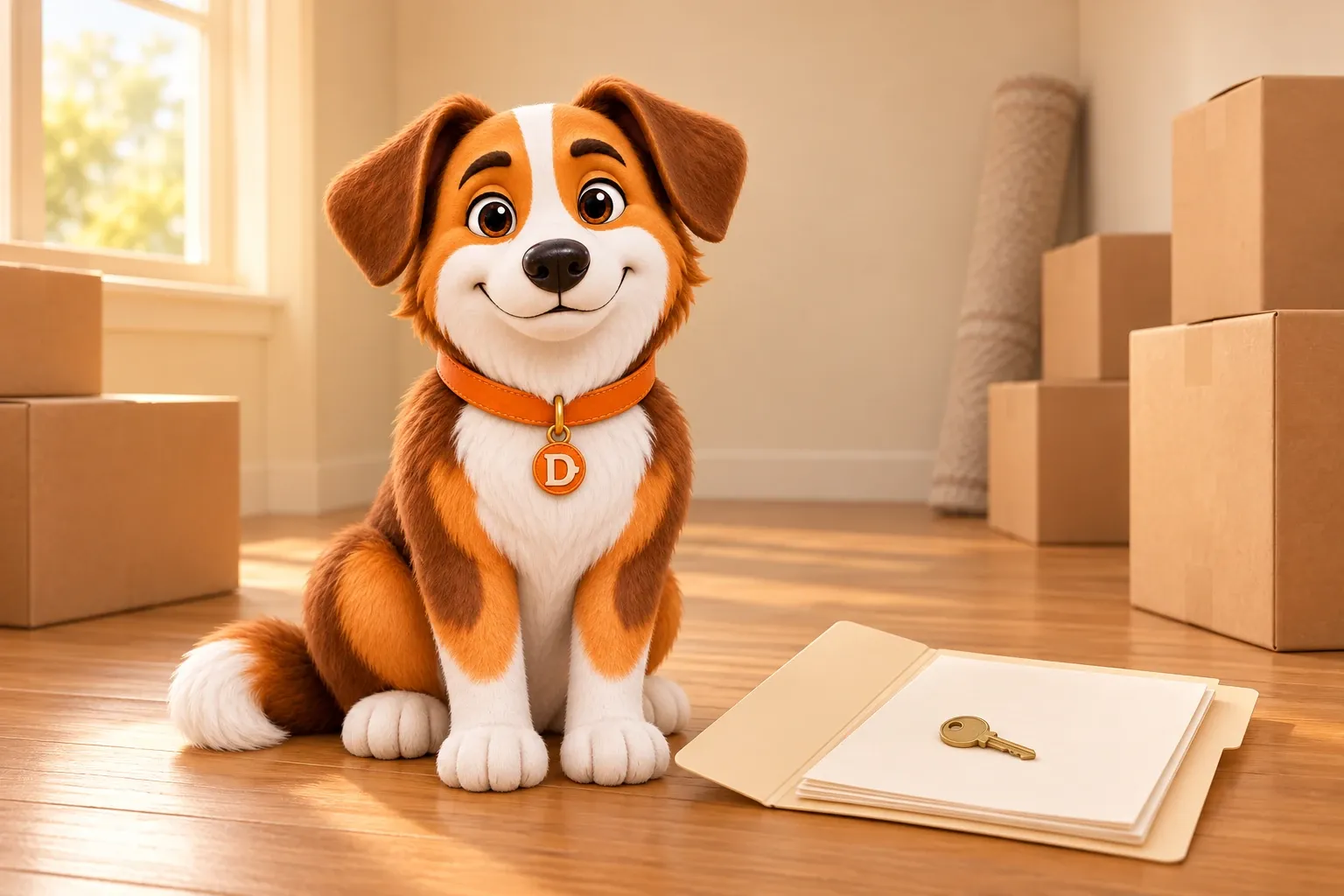 Dana the mascot dog sitting on a bare wooden floor among closed moving boxes, beside an open folder of blank paperwork with a brass door key resting on it
