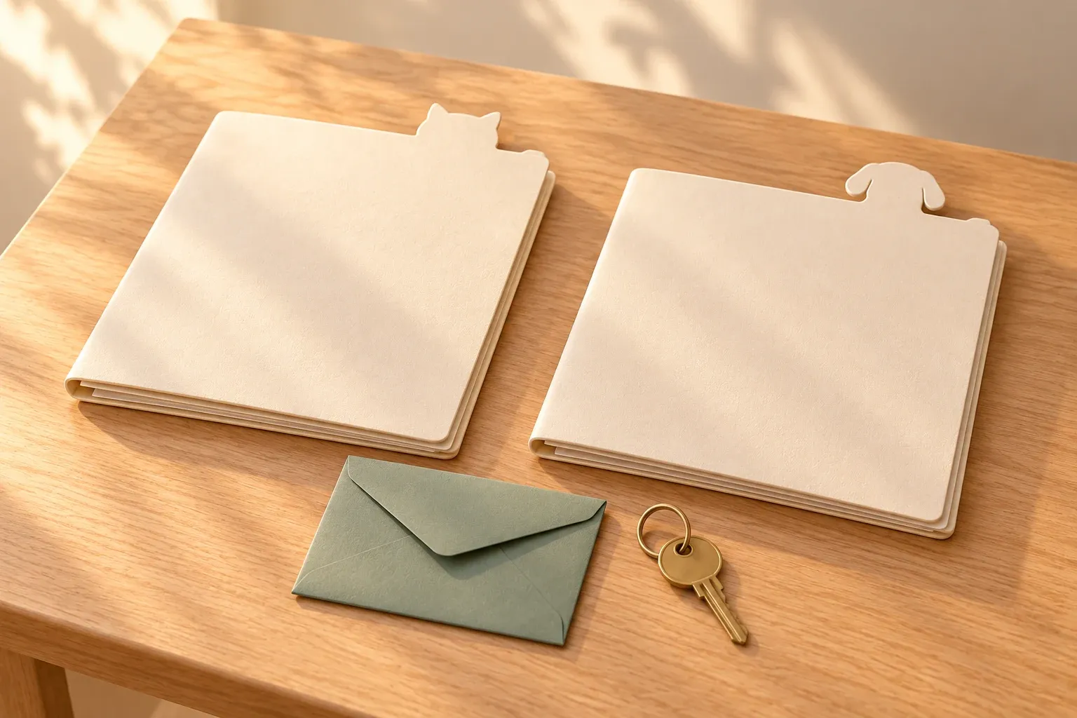 Two cream folders side by side on an oak side table, one with a cat-head tab and one with a dog-head tab, with a sage envelope and a brass key in front of them