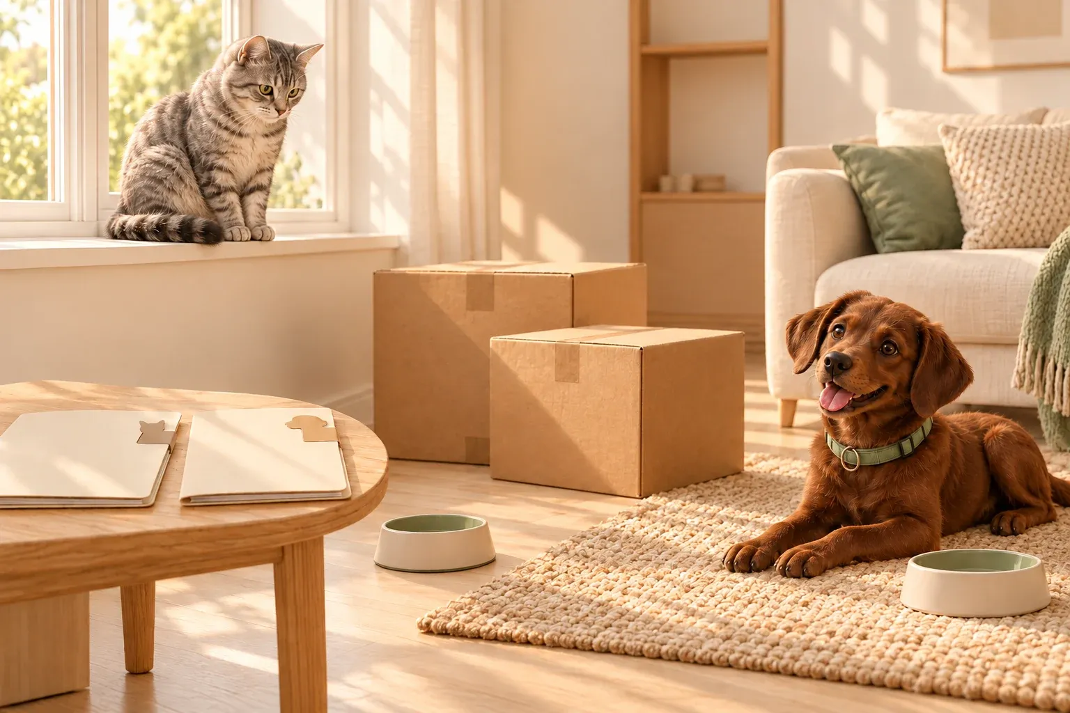 A grey tabby cat on a windowsill and a brown dog lying on a woven rug in a cream living room, with two kraft moving boxes, two separate bowls and two cream folders with cat and dog tabs on an oak table
