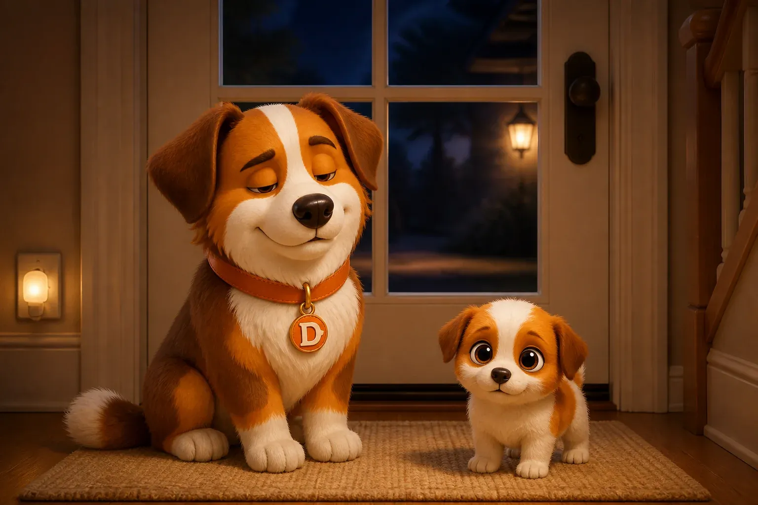 A sleepy Dana the mascot dog sitting by the back door at night next to a wide-awake puppy waiting to go out, the 2 AM potty trip