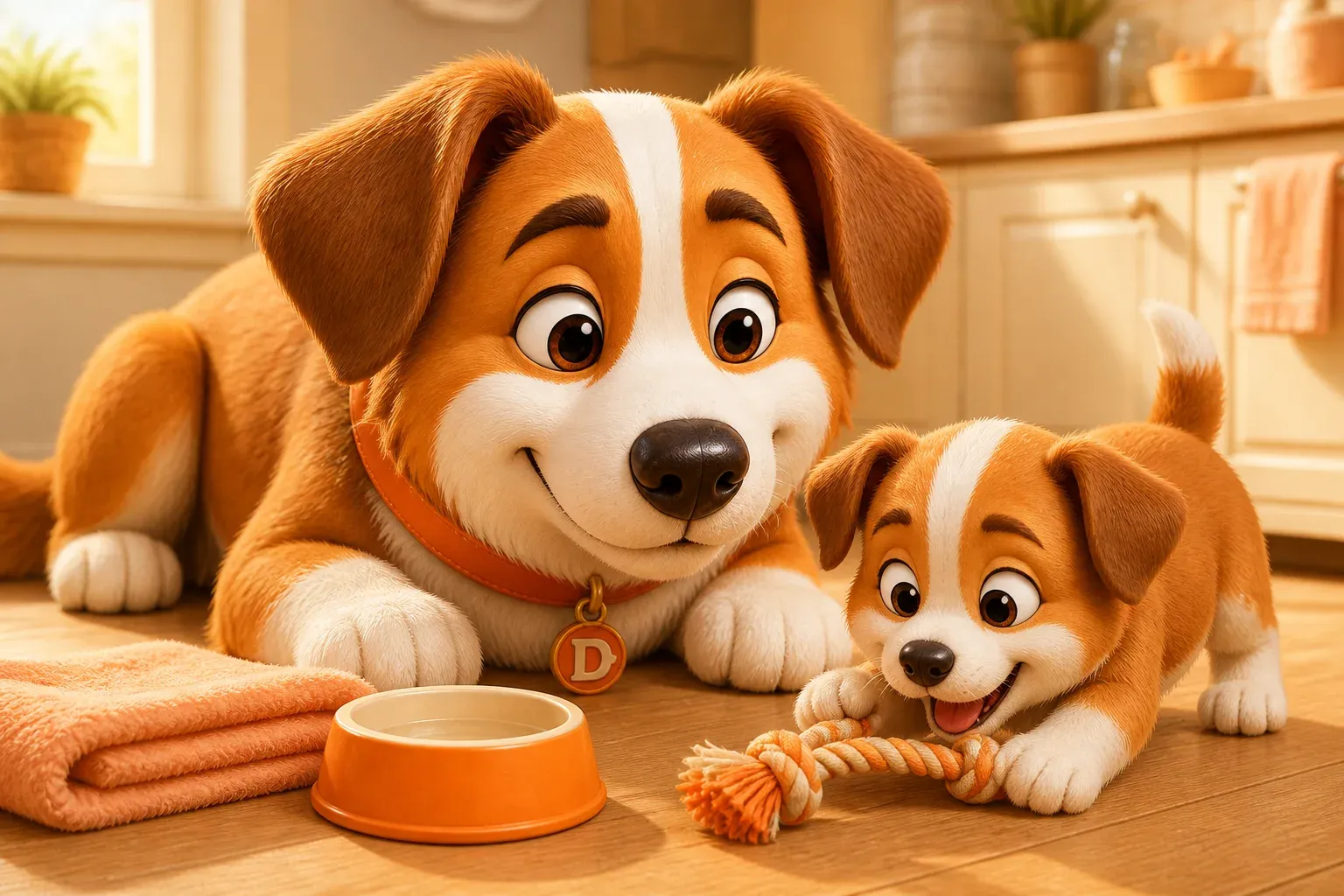 Dana the mascot dog lying on a kitchen floor watching a small ginger-and-white puppy play with a rope toy