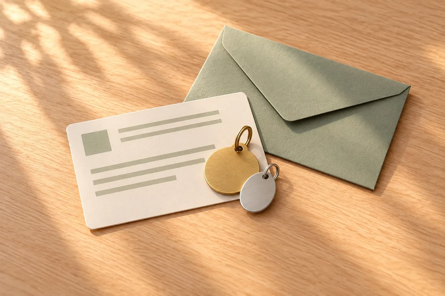 A round brass tag and a small oval silver tag resting on a cream licence card with sage rules, beside a sage envelope on an oak counter