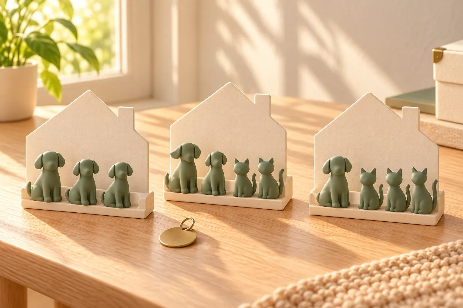 Three cream house-shaped card holders on an oak table, each with a different count of small sage dog and cat figurines in front, and a round brass tag