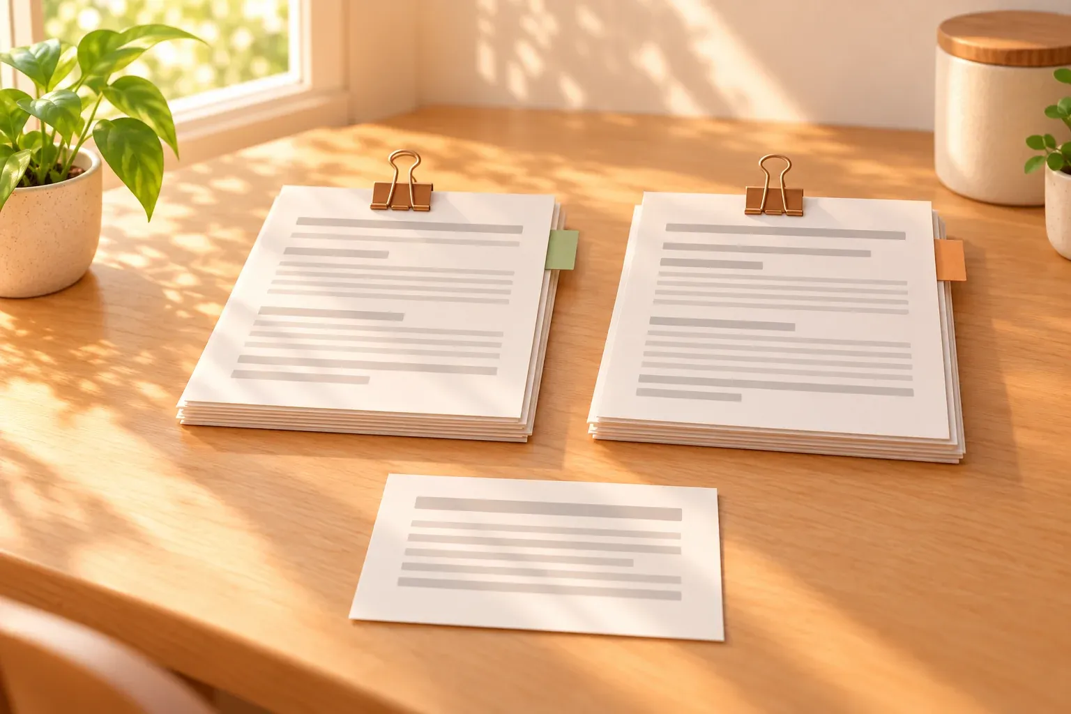 Two separate document bundles on a desk, each with a colored tab and a bronze clip
