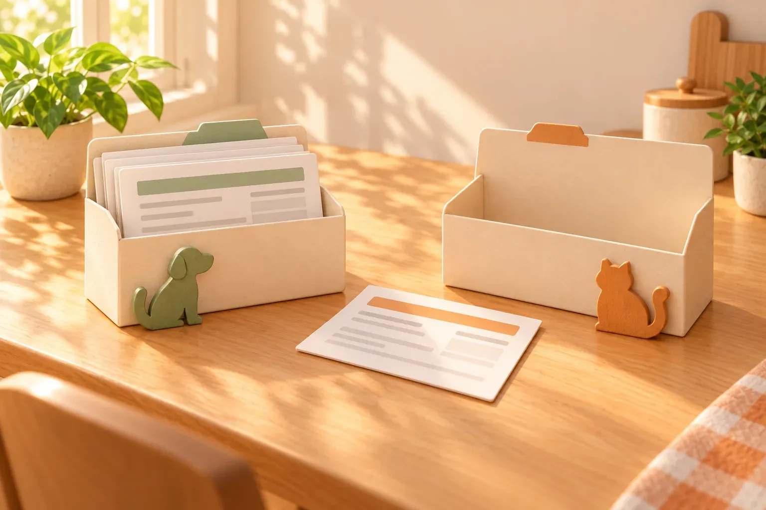 Two cream file holders marked by wooden dog and cat shapes, with papers in one holder and a loose card between them