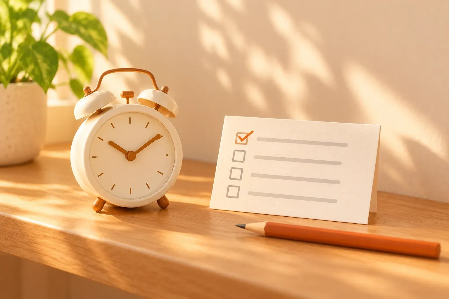 A cream alarm clock beside a card with four checkbox rows and an amber pencil on a wooden shelf
