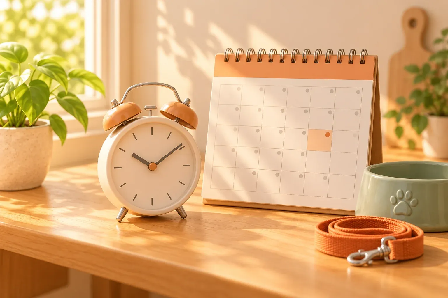 A cream alarm clock with orange bells beside a grid calendar, a sage bowl and a coiled orange leash