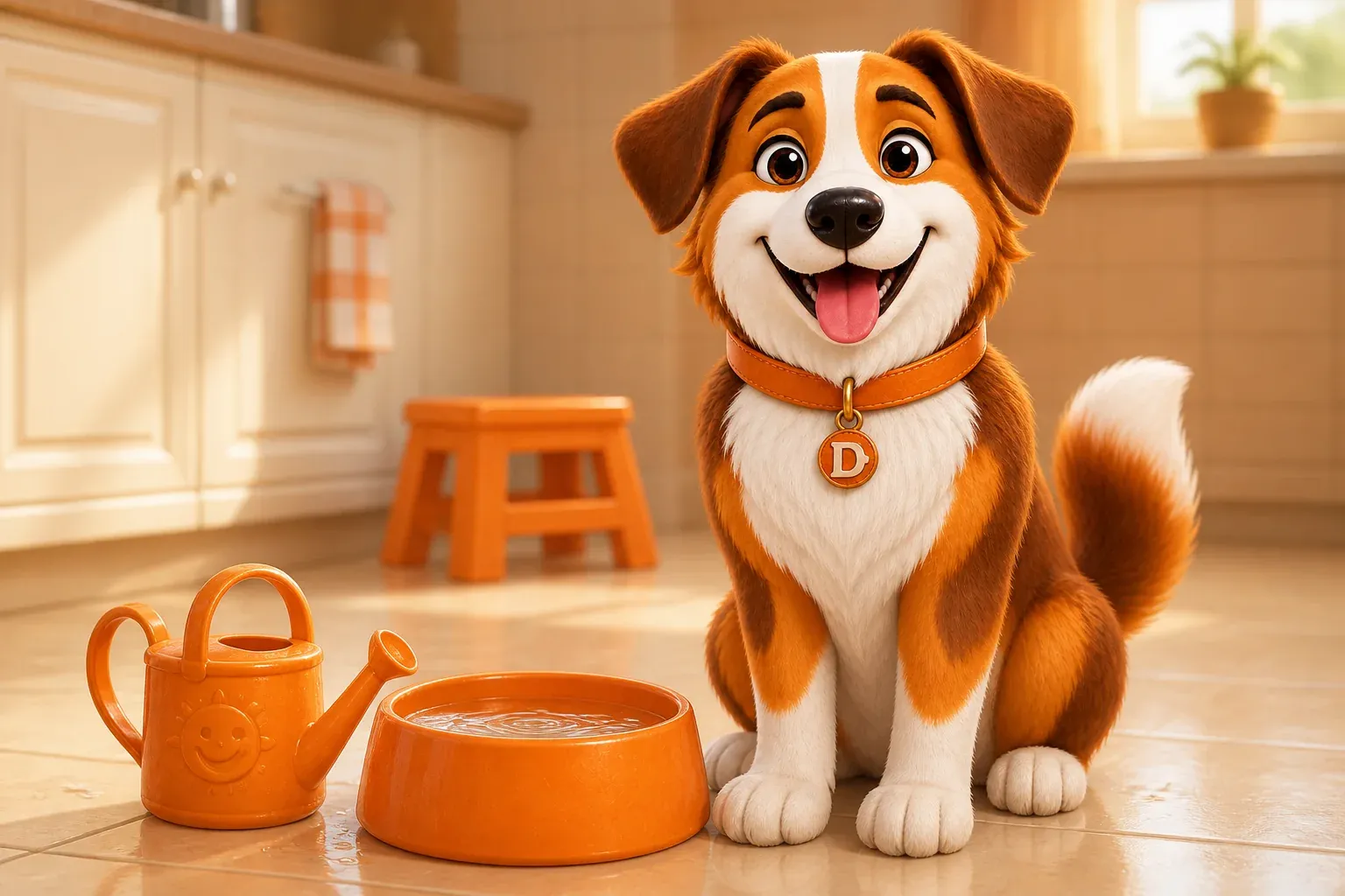 Dana the mascot dog sitting proudly beside a freshly filled water bowl, a child-sized watering can resting on the kitchen floor next to it