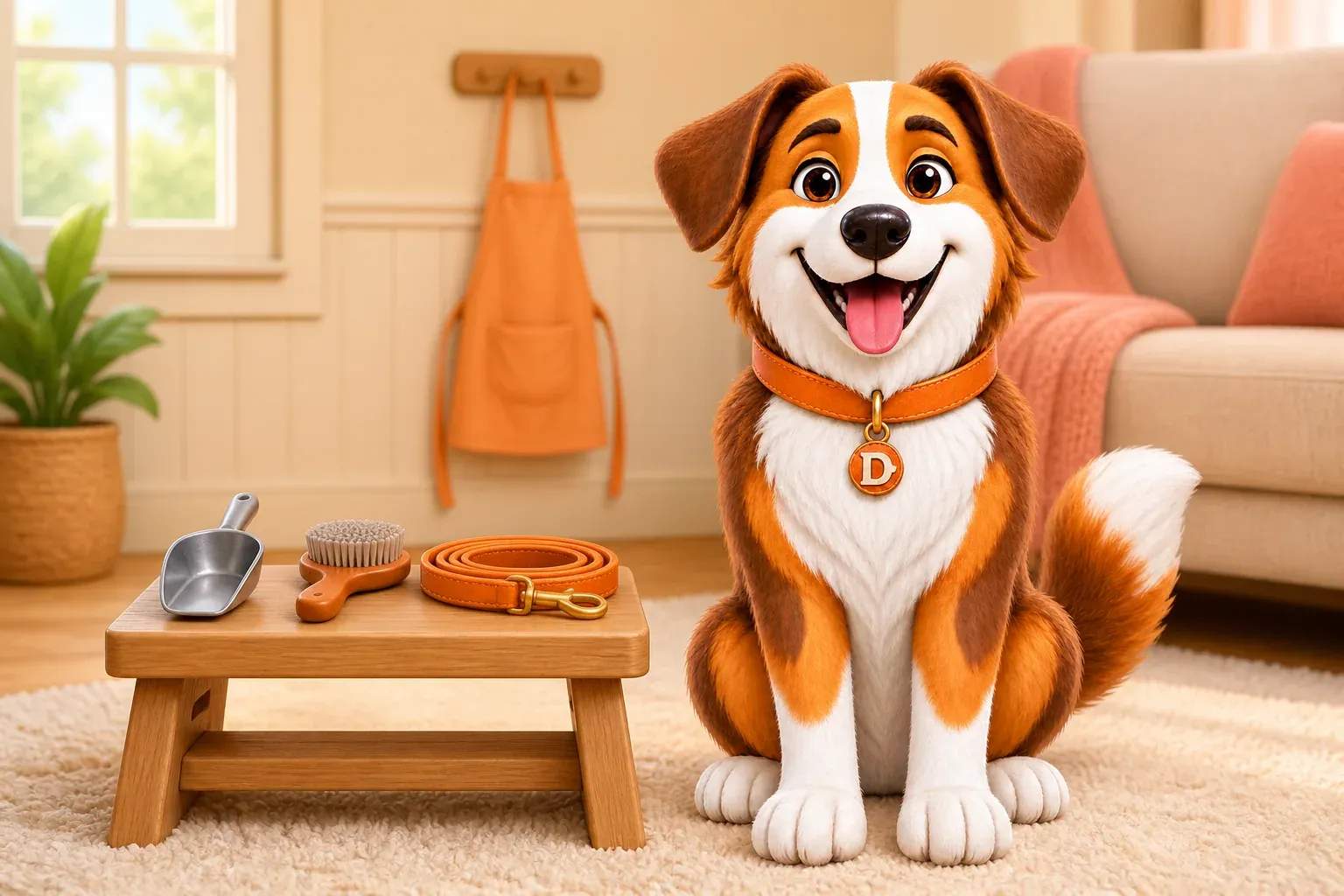 Dana the mascot dog sitting beside a low wooden stool with a food scoop, a grooming brush, and a coiled leash laid out on it
