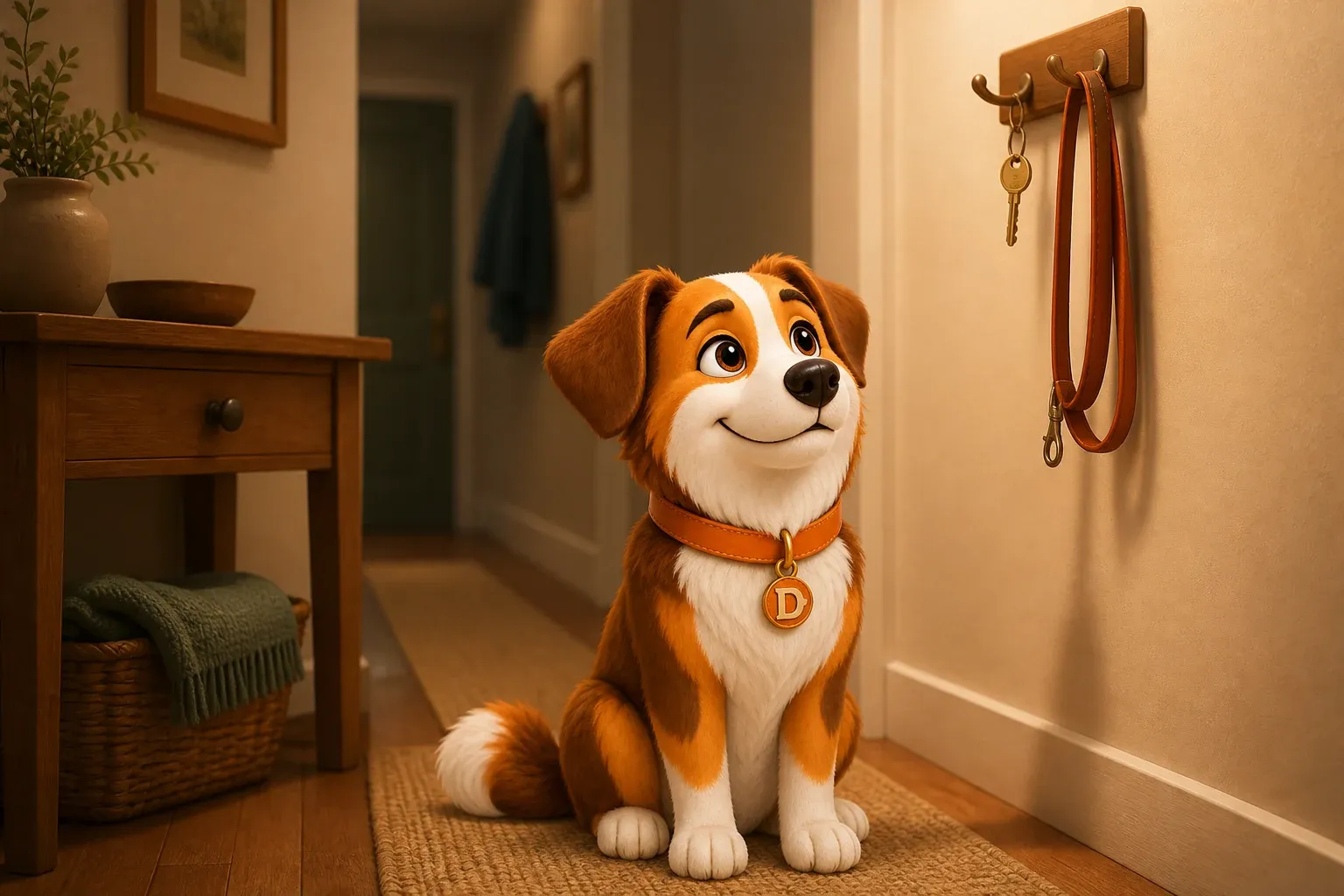 Dana the mascot dog looking up at a hallway hook where a spare key and a folded leash hang