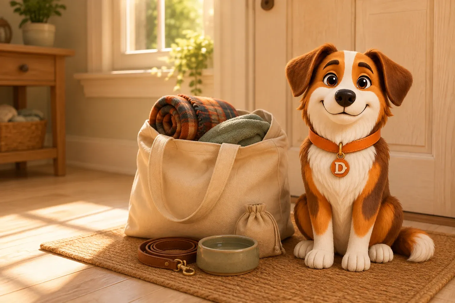 Dana the mascot dog sitting on a mat by a front door beside a packed canvas tote holding a rolled blanket, with a leash and a water bowl on the floor