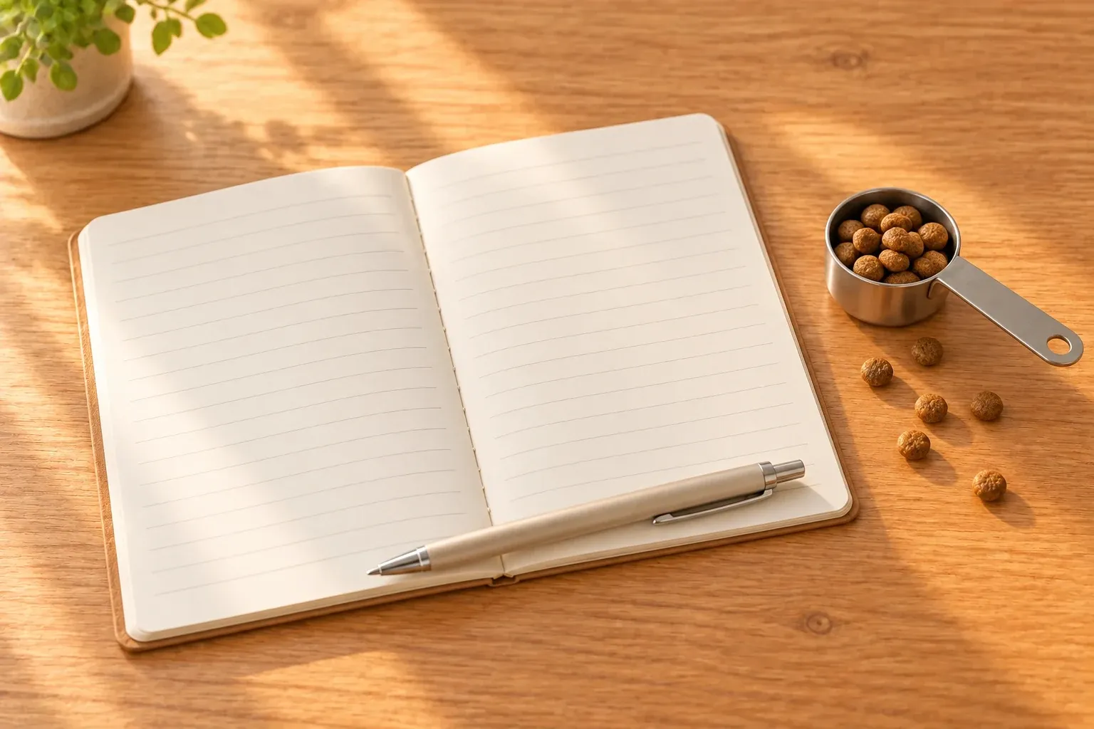 An open notebook with blank ruled pages on a pale wooden kitchen table, a pen across its lower edge and a metal measuring scoop of dry kibble beside it