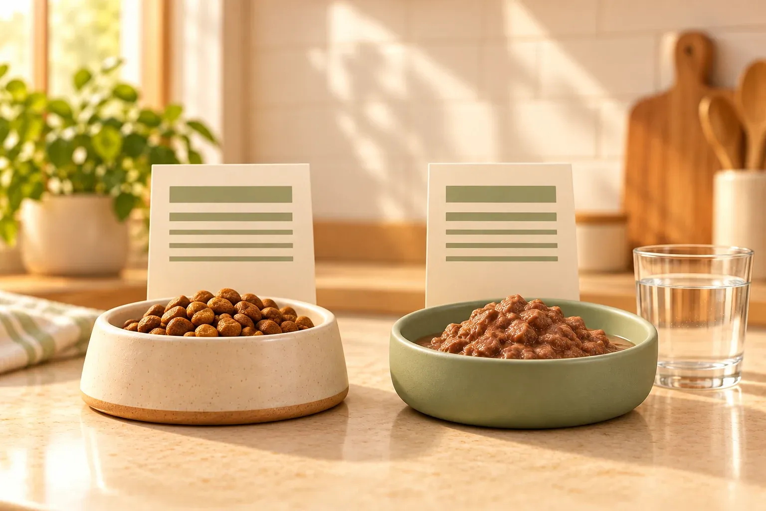 A bowl of dry kibble beside a bowl of moist food, with two ruled cards behind them and a glass of water on the right