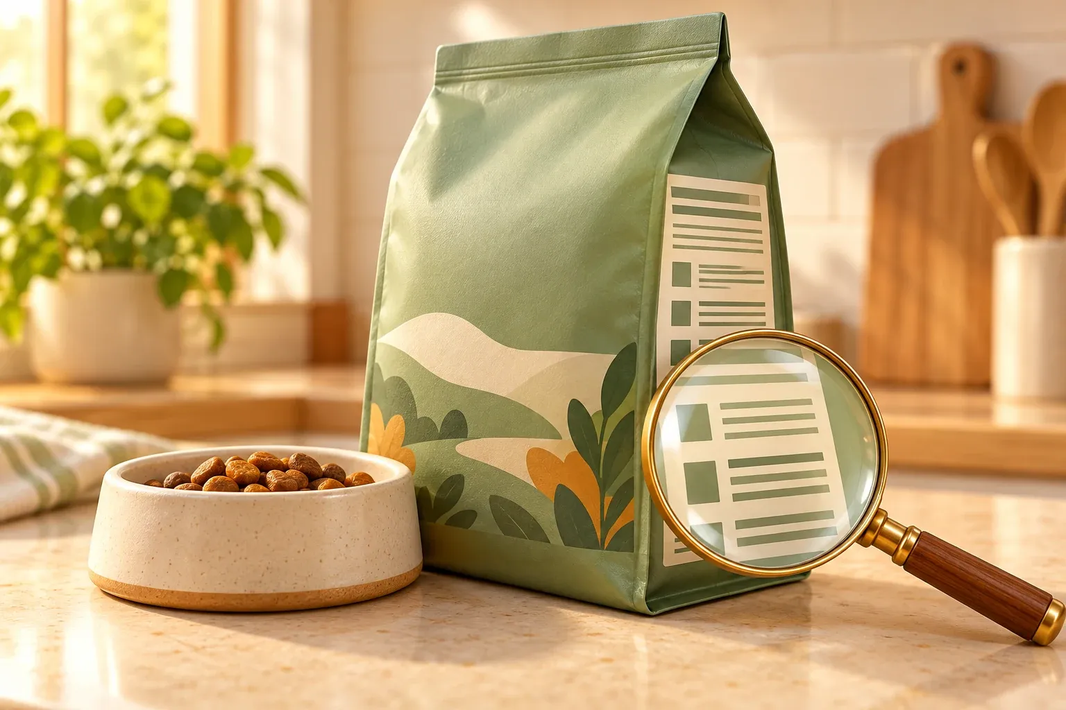A sage pet food bag beside a bowl of kibble, with a magnifying glass enlarging the bag's information panel