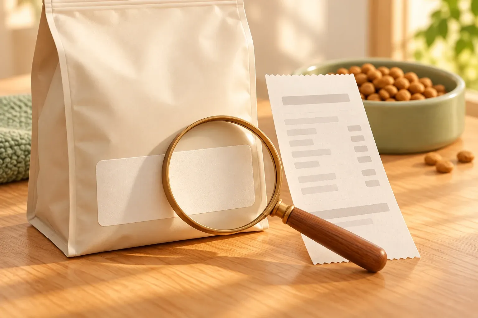 A blank label panel on a food bag beneath a magnifying glass, with a receipt and kibble bowl