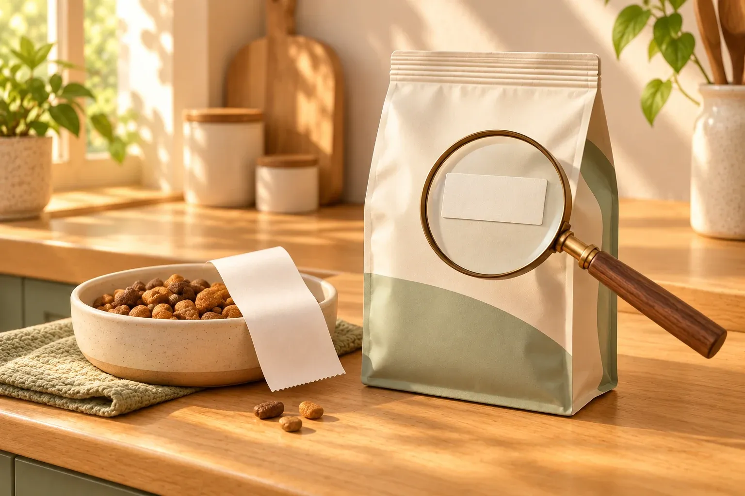 A magnifying glass over a plain pet-food pouch beside kibble and a receipt