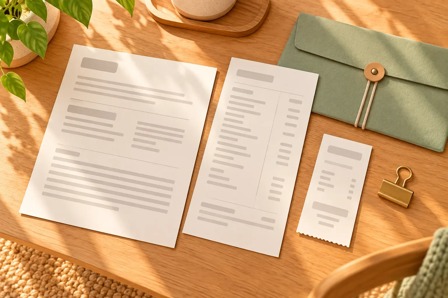 A form, itemized invoice and shorter receipt arranged beside a sage document envelope