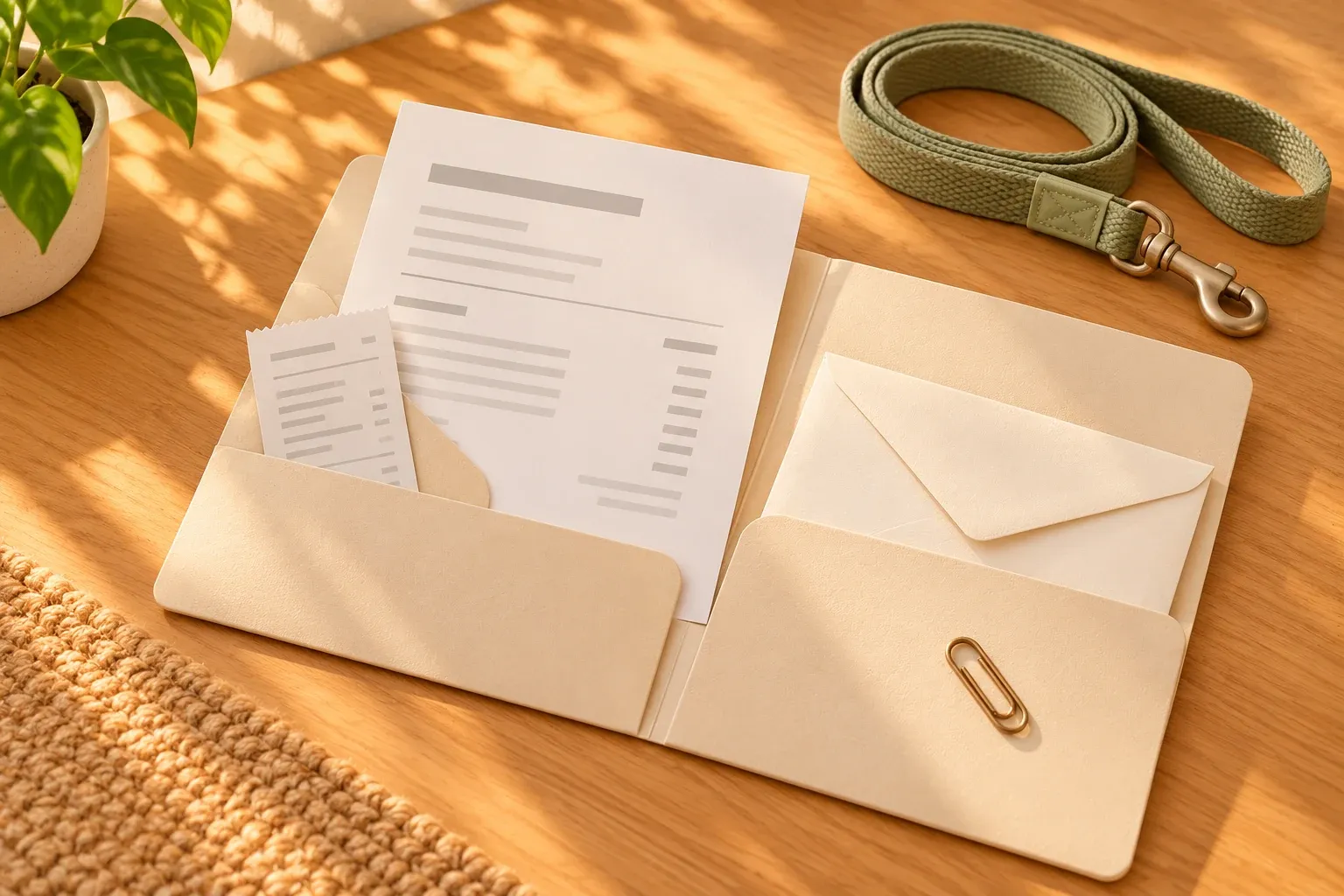 An open document wallet holding paperwork beside a receipt and envelope