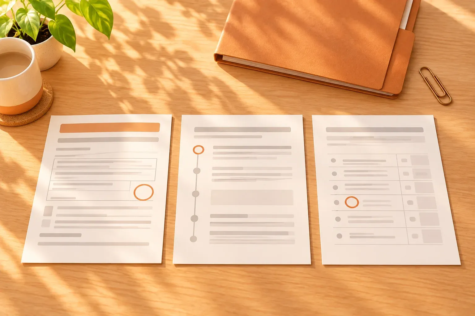 Three cream papers arranged in sequence beside an amber folder and a small bronze paperclip
