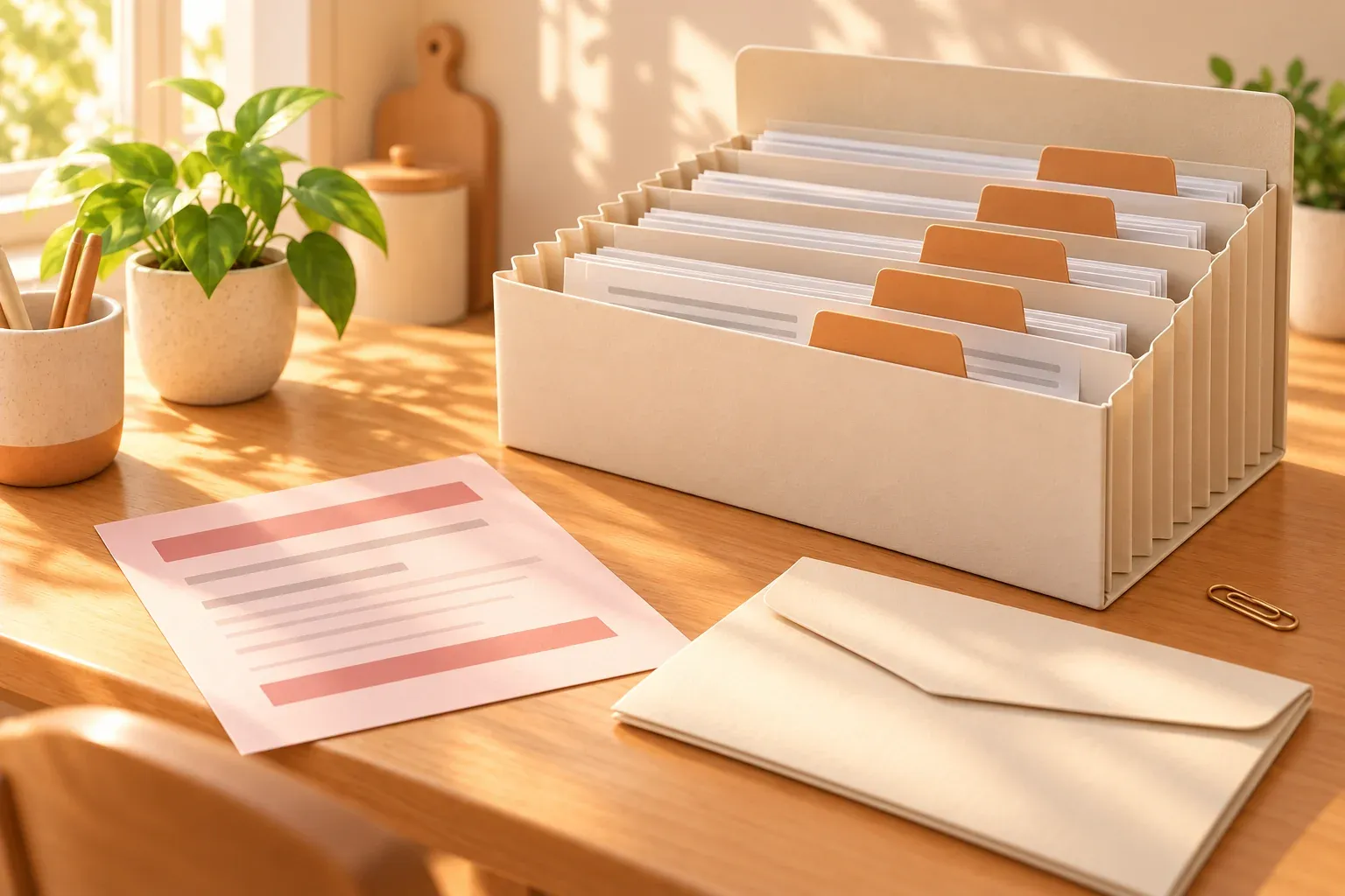 An open cream accordion folder with amber dividers beside a pale red paper and a closed envelope on a wooden desk