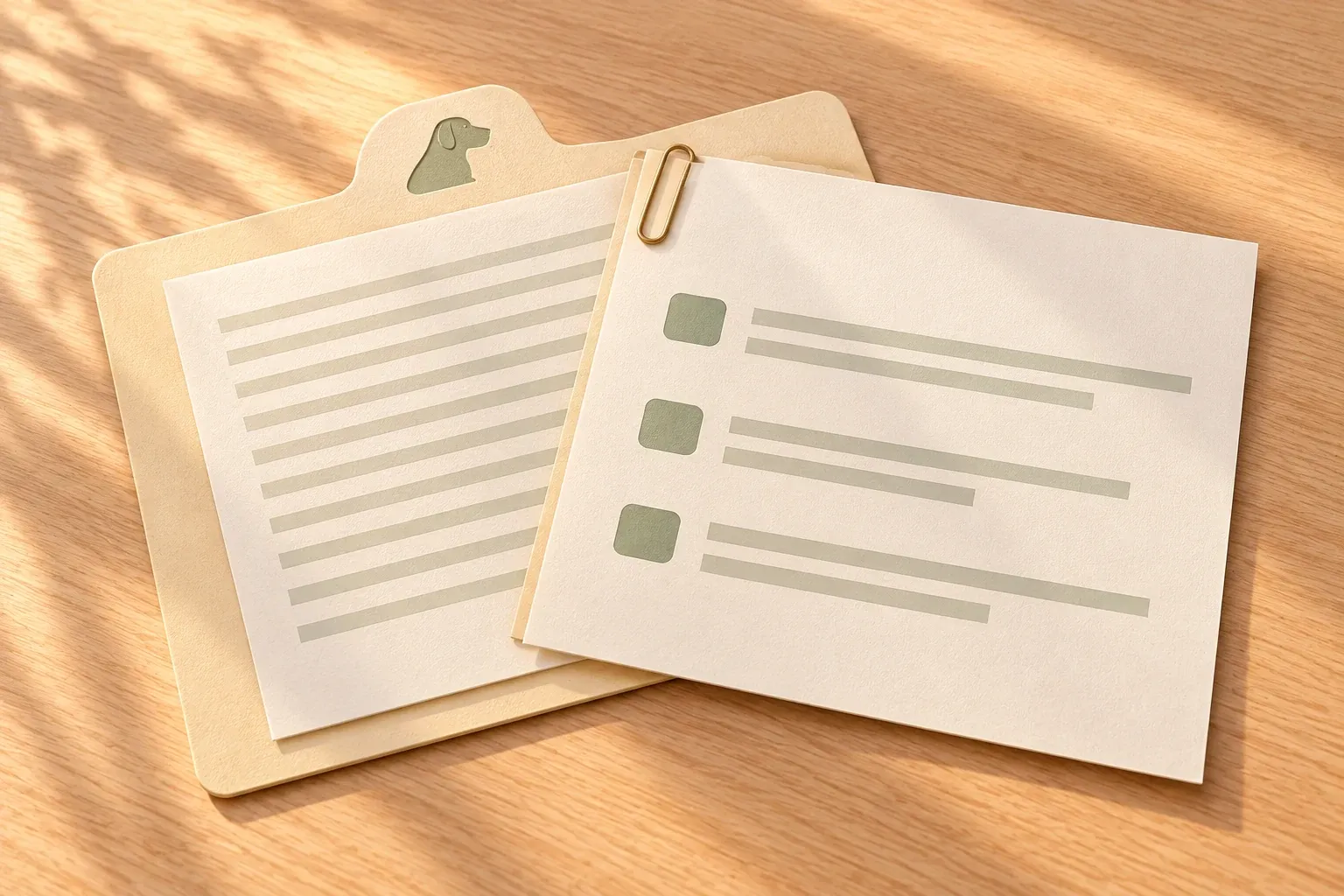 A cream estimate page with three sage squares clipped over an open cream folder with a dog-head tab that holds a ruled page, on an oak desk