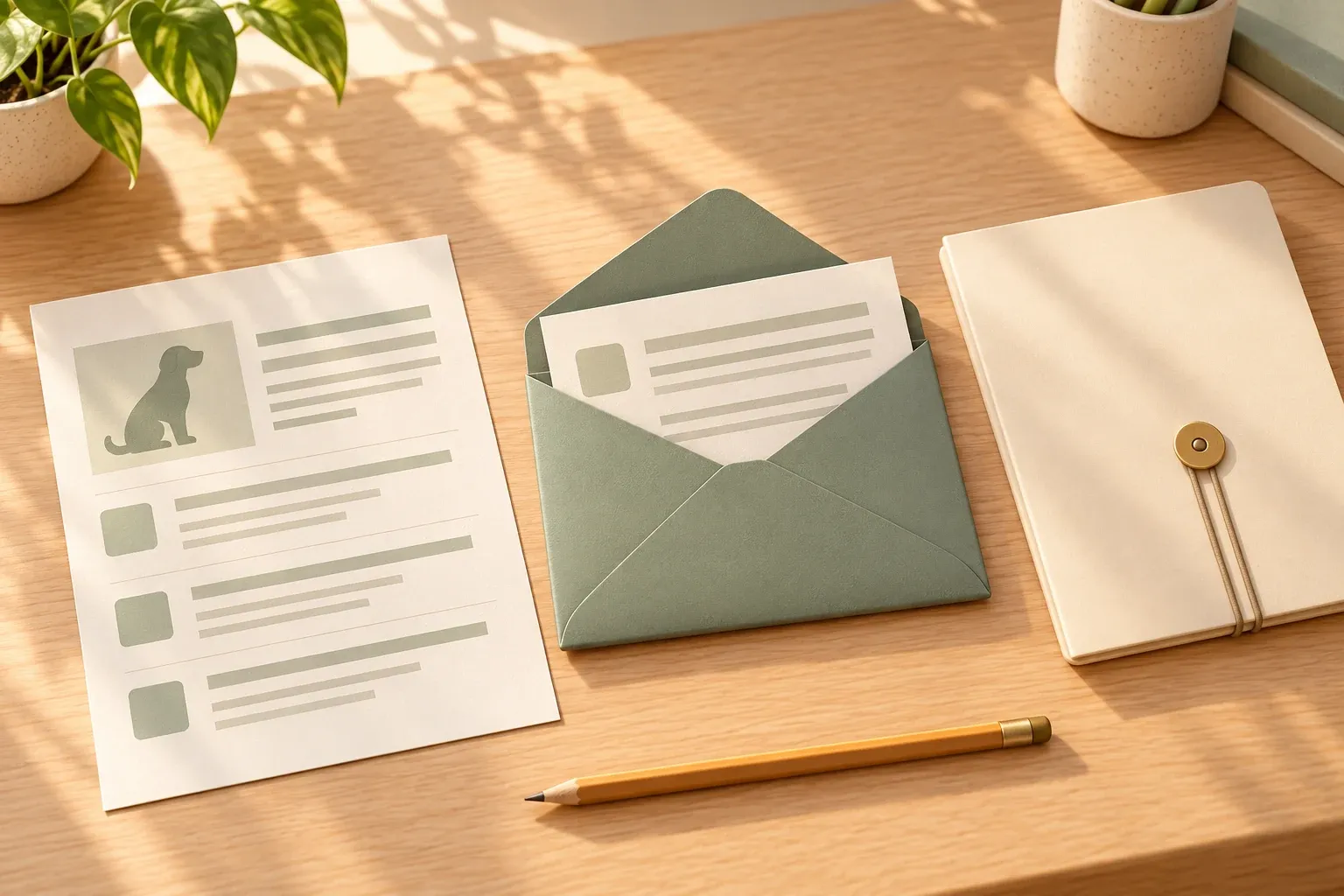 A cream clinic estimate page with sage line items, a sage envelope holding a second page, a closed cream folder and an amber pencil on an oak desk