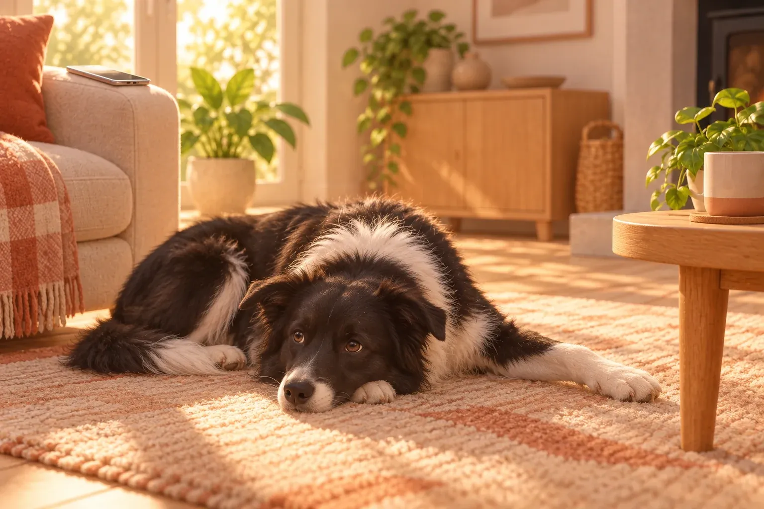 A black and white border collie lying on a living room rug with its head down and one front leg stretched stiffly out to the side, and a phone lying face up on the arm of the sofa behind it
