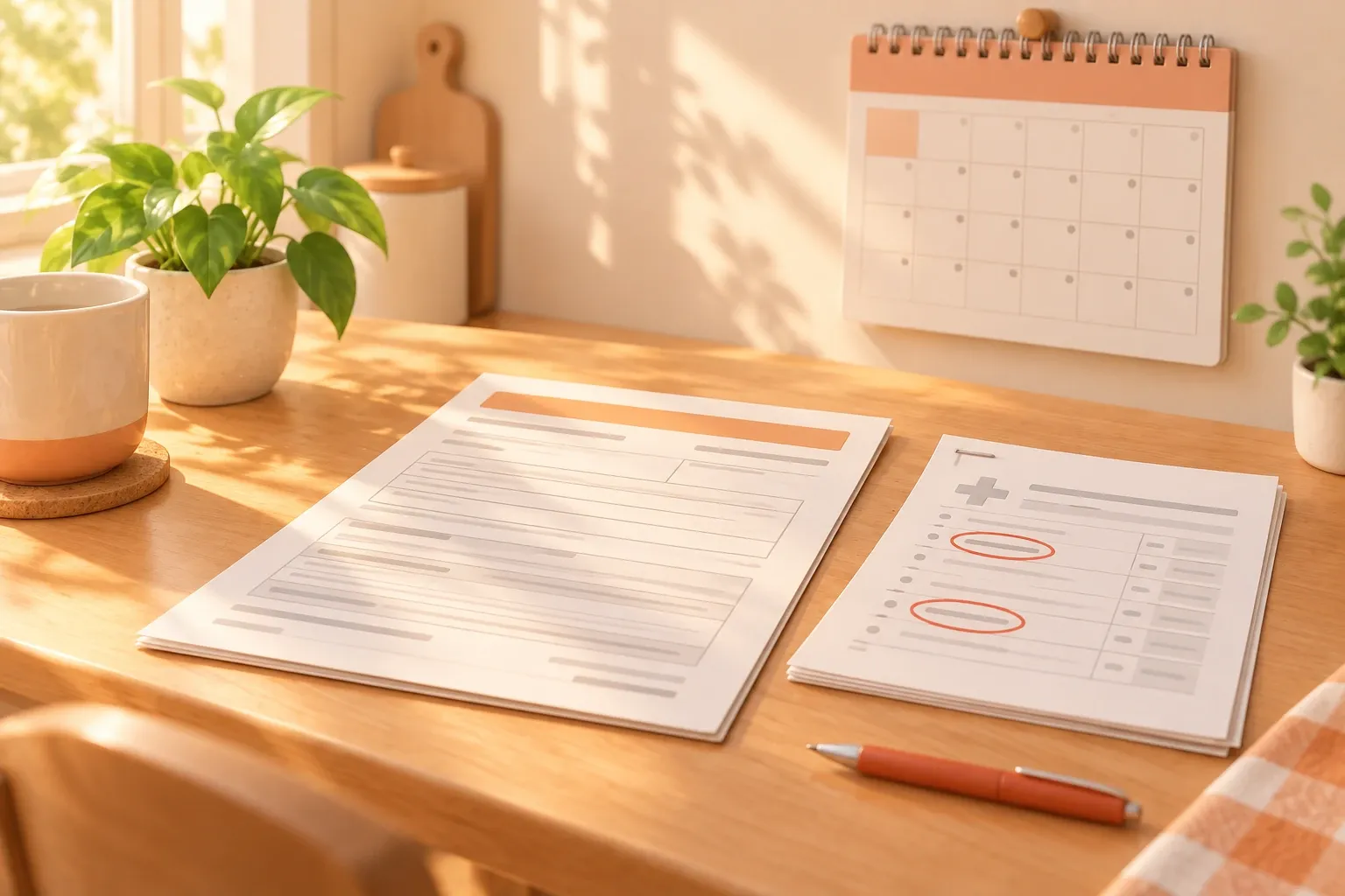 A claim form on a kitchen table beside a stapled clinic printout, two visit dates circled in red pen, and a wall calendar turned to the month the policy started