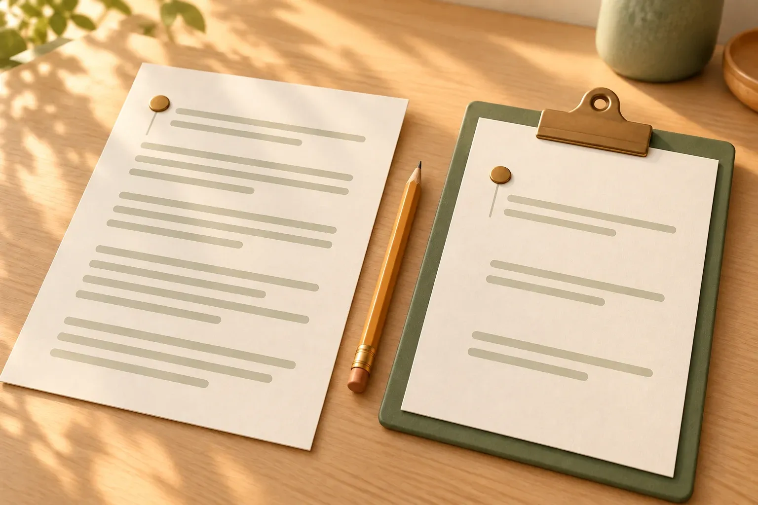 A ruled source page beside a shorter page on a sage clipboard, with matching brass dots and an amber pencil between them