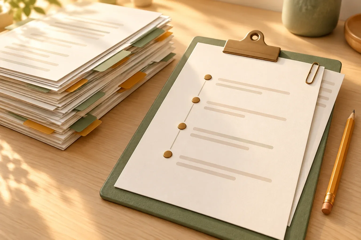 A stack of tabbed papers beside a sage clipboard holding one page, with an amber pencil on the desk