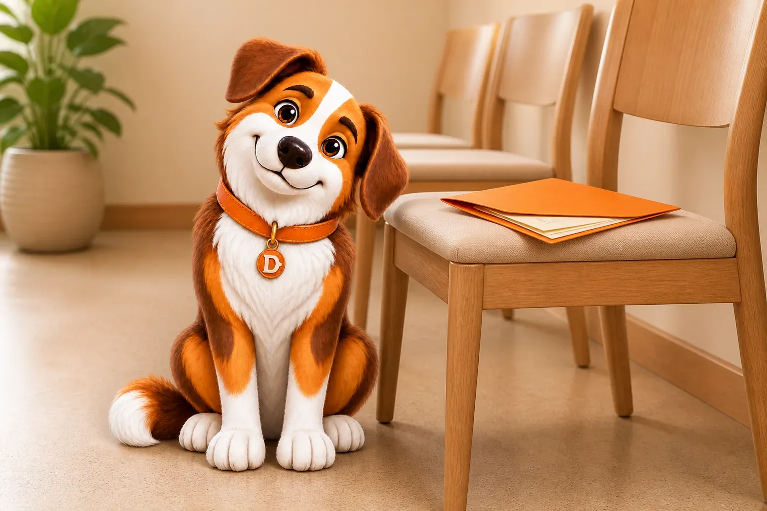 Dana the mascot dog sitting in a veterinary waiting room beside a chair holding an orange folder of records