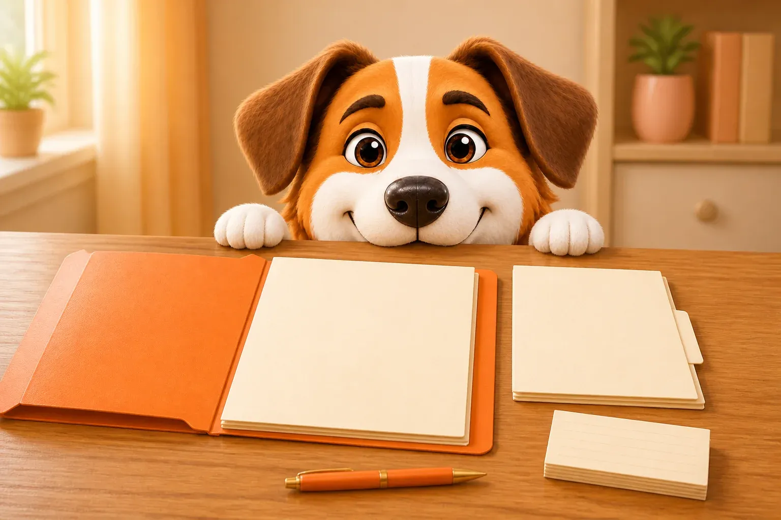 Dana the mascot dog peeking over the edge of a desk at an open orange folder of blank papers