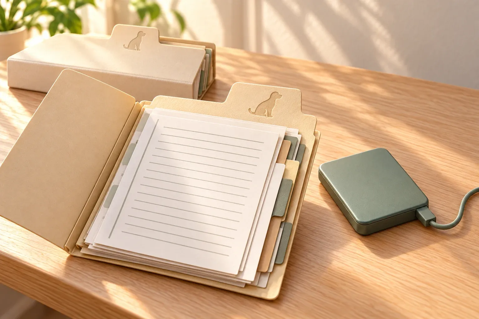 An open document folder beside a connected sage external drive, with an archive box of documents farther back