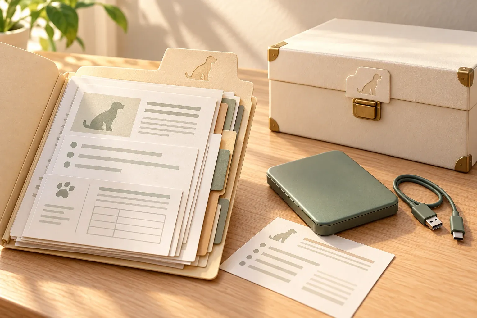 An open pet records folder beside a sage external drive and a closed archive box on a wooden desk