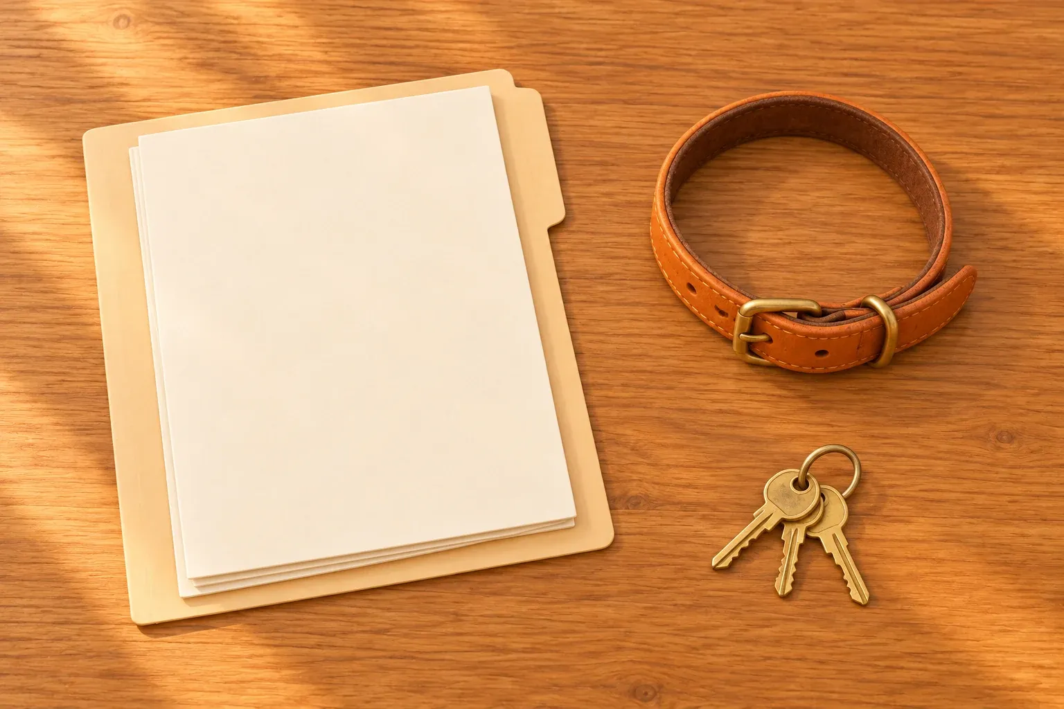 A paper document folder and a worn leather collar lying on a kitchen table beside a set of house keys, seen from above in flat daylight
