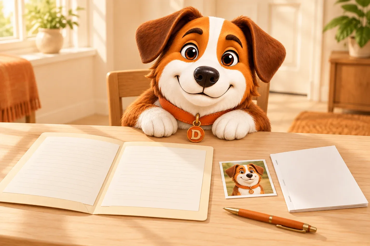 Dana the mascot dog resting its chin on a table beside an open folder, a printed photo and a pen, the contents of a rental application laid out
