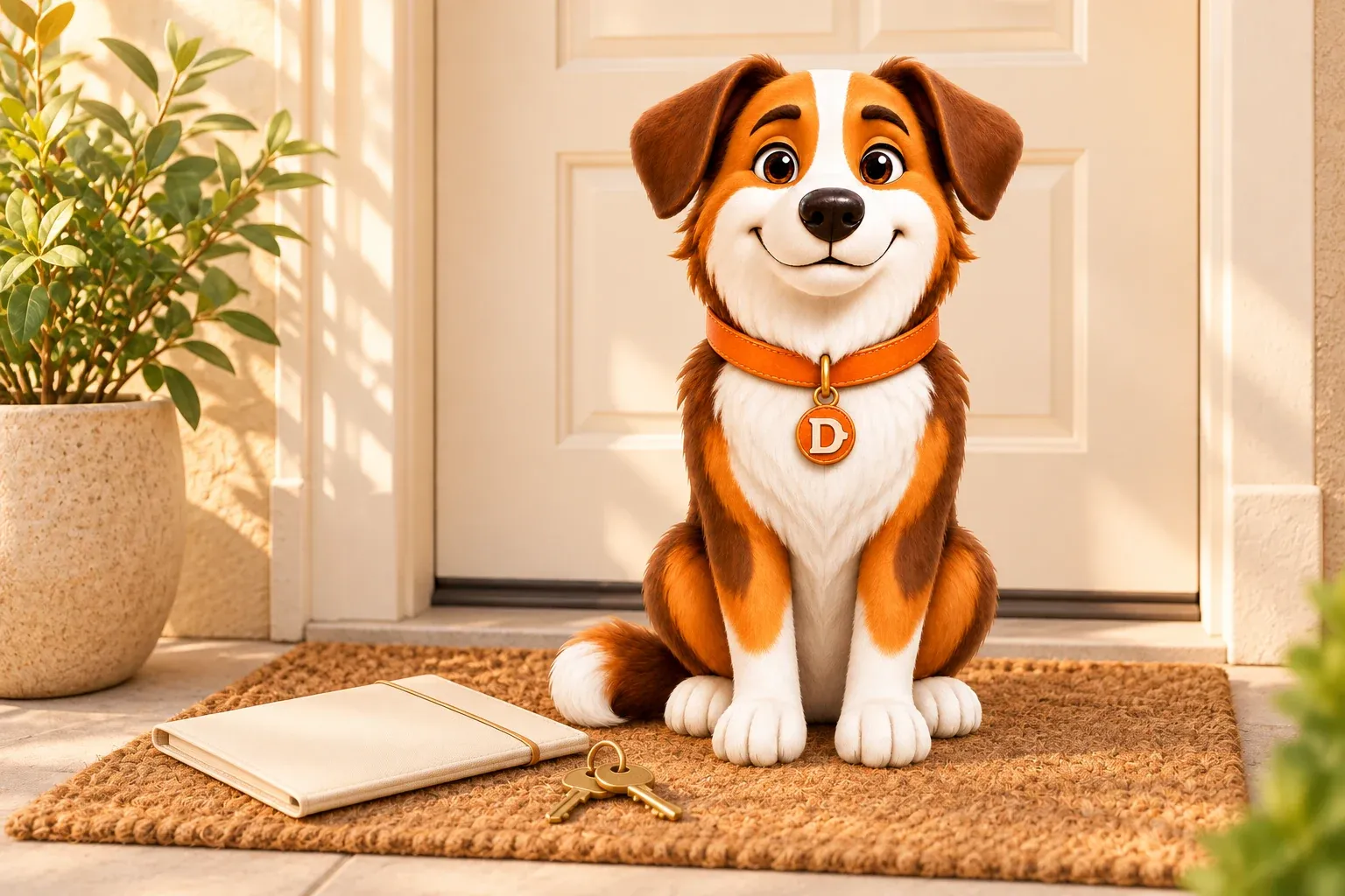 Dana the mascot dog sitting upright on a doormat outside a cream apartment door, beside a slim document folder and a set of keys