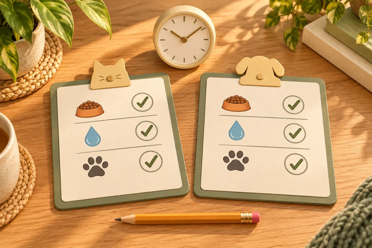 Two separate care clipboards with cat and dog clips and checked food, water and paw symbols, beside a pencil and a clock