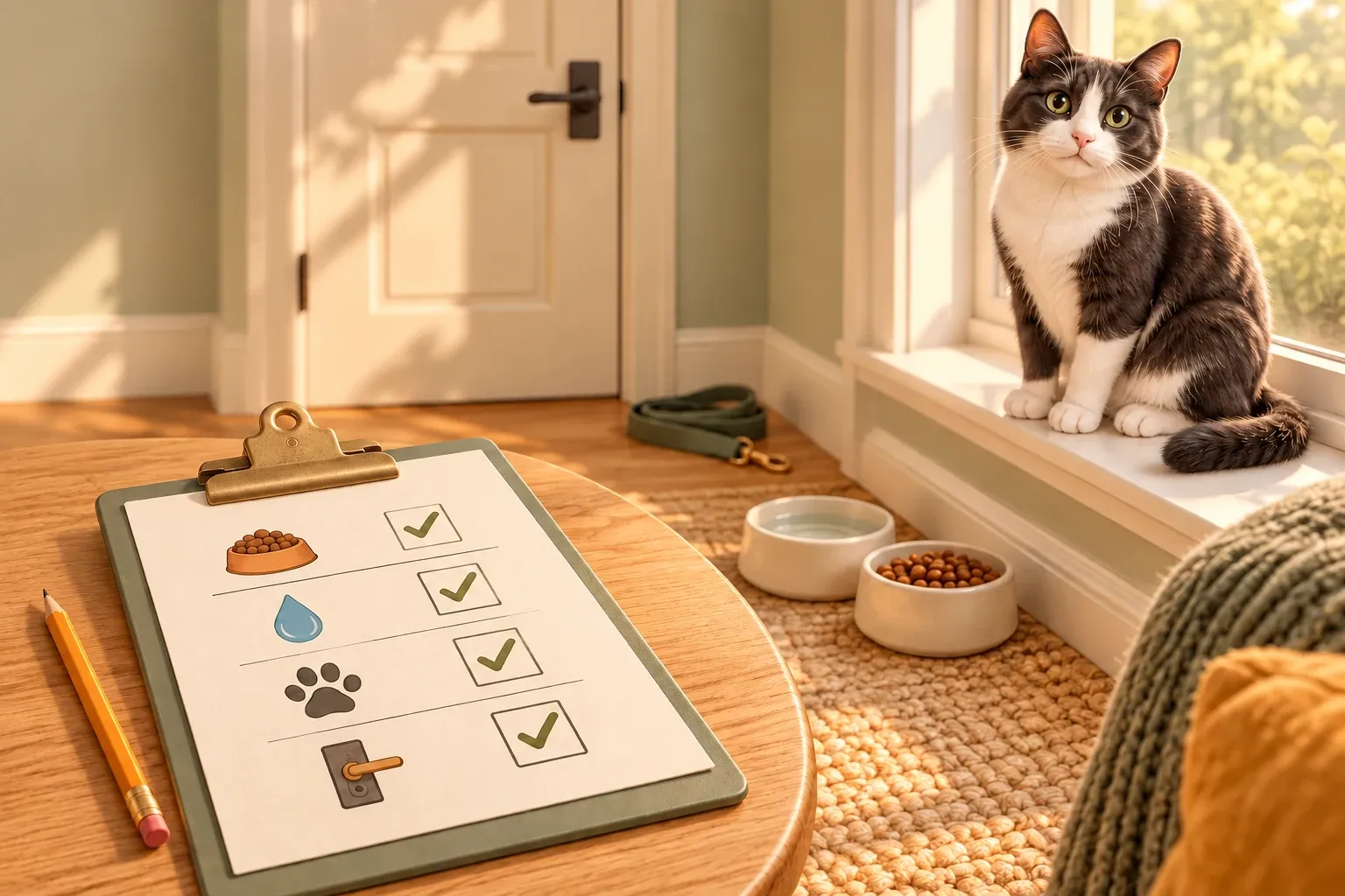 A cat on a sunny windowsill beside a completed illustrated care checklist, food and water bowls, and a folded lead