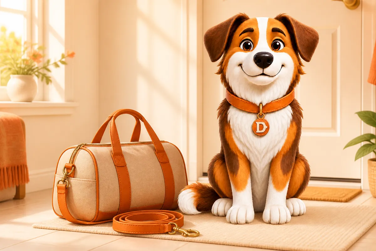 Dana the mascot dog sitting beside a packed weekend bag and a leash by a front door