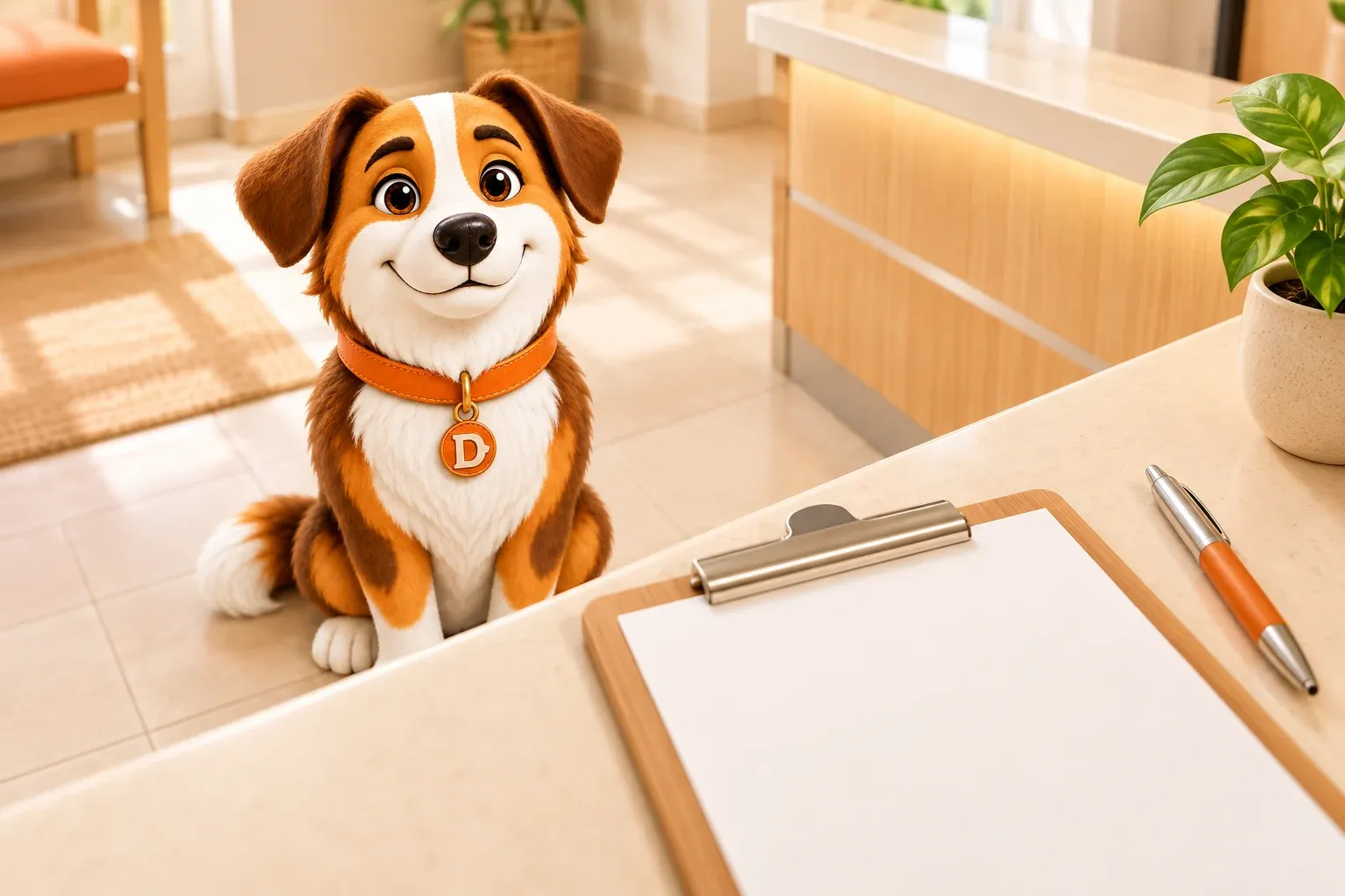Dana the mascot dog sitting patiently in front of a veterinary reception counter holding a clipboard with a blank form and a pen