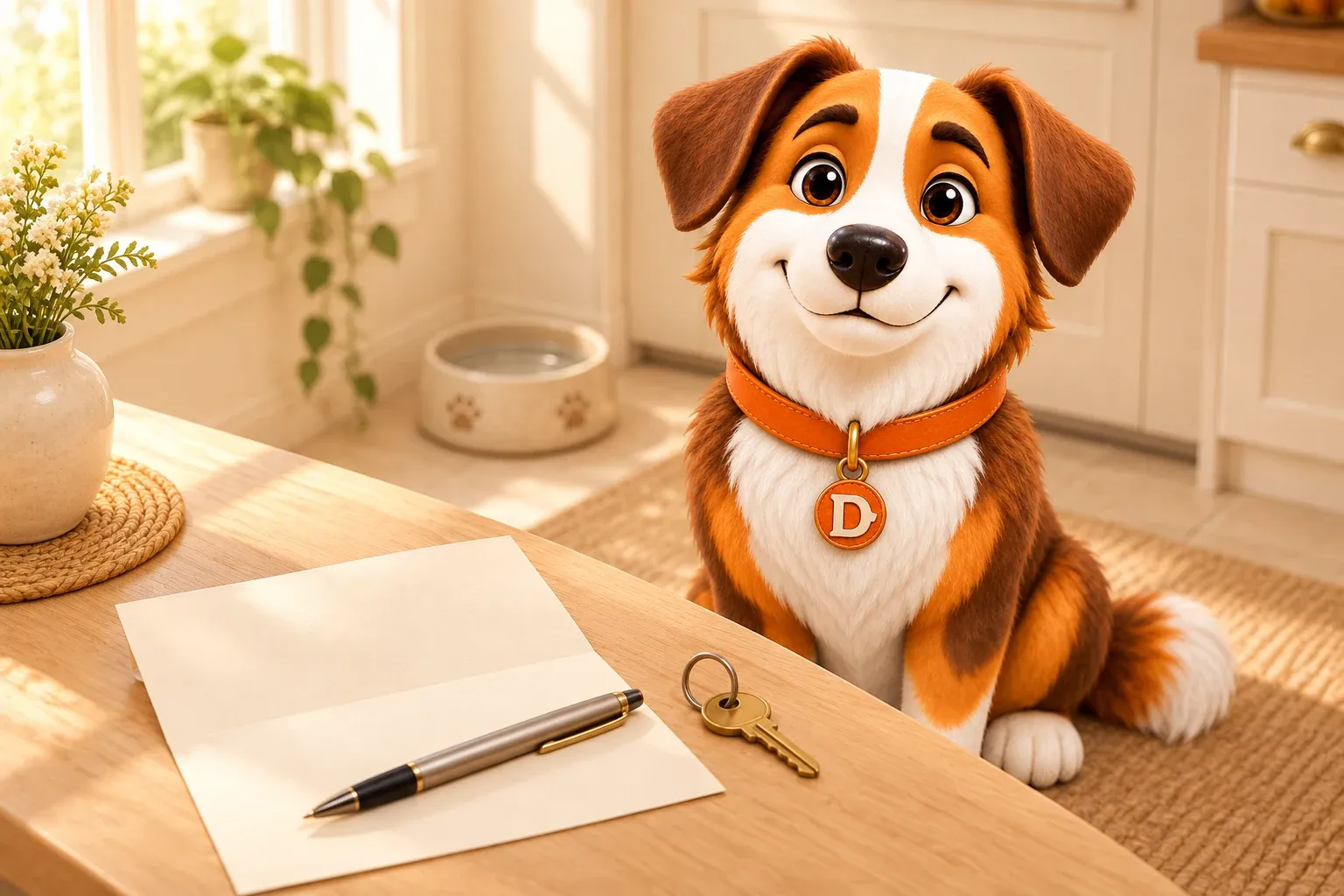 Dana the mascot dog sitting beside a kitchen counter that holds a folded sheet of paper, a pen and a single house key