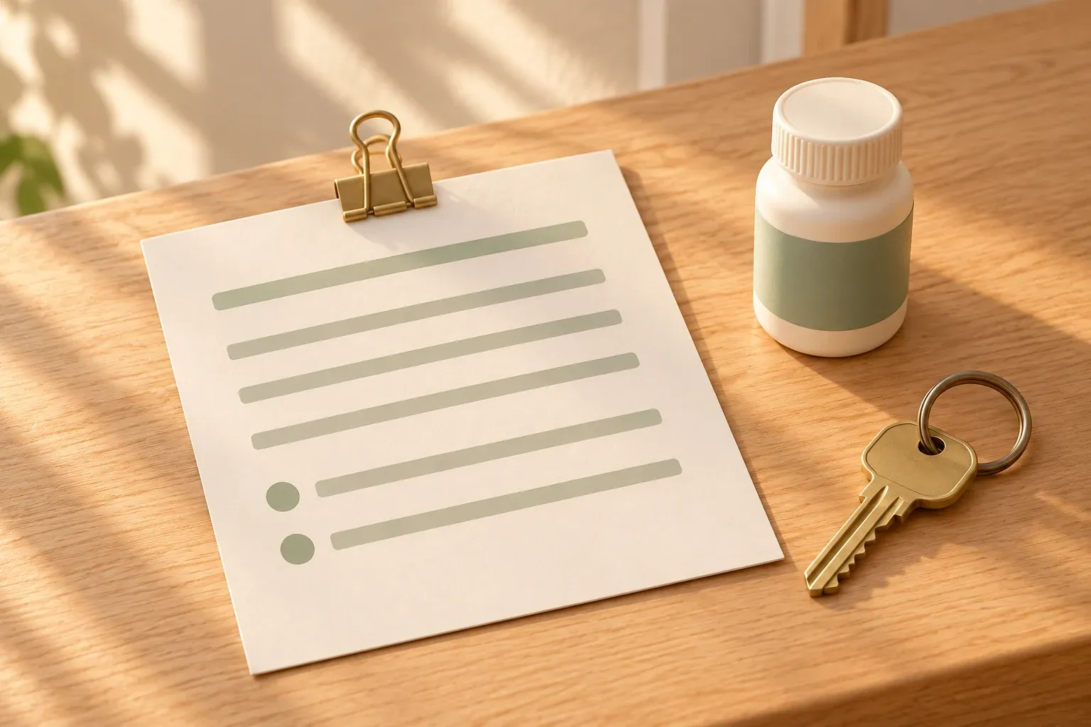 A cream sitter's sheet with sage rules under a brass binder clip, a small cream medicine bottle with a blank sage label and a brass key on a ring, on an oak hall table