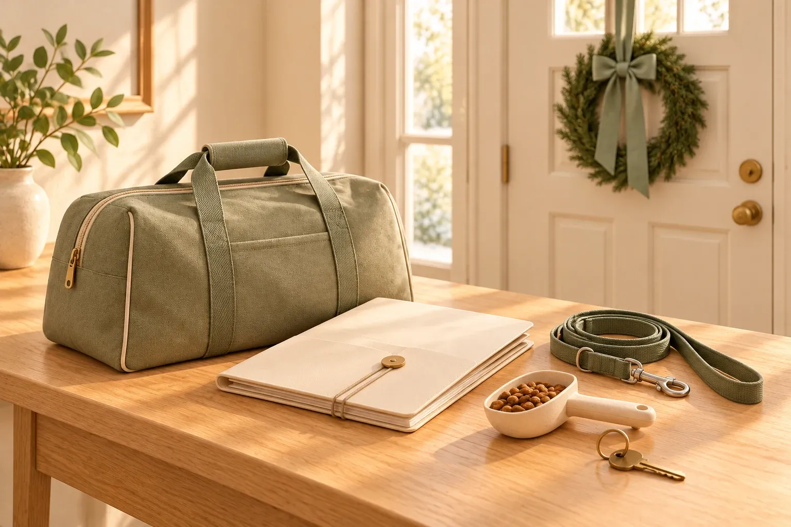 A sage overnight bag, a cream folder tied with a brass button, a coiled sage lead, a cream scoop of kibble and a brass key on an oak hall table, with a wreath on the cream front door behind