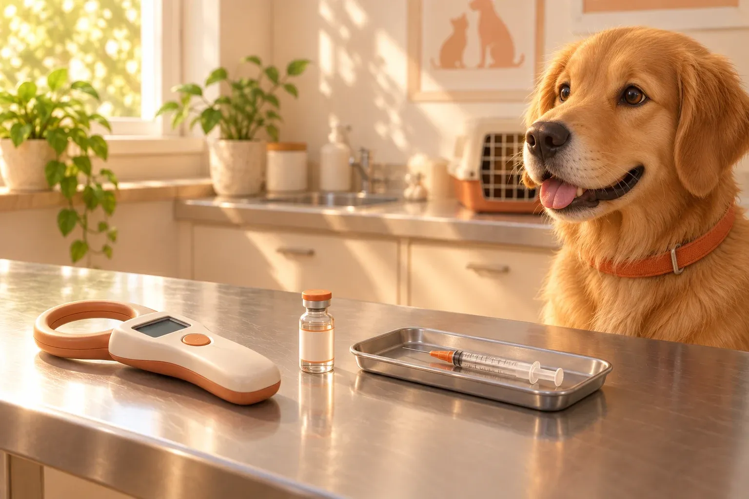 A handheld microchip scanner, a small sealed vaccine vial and a syringe in a steel tray laid out left to right along a veterinary counter, with a golden retriever in a plain orange collar sitting at the far end of the table
