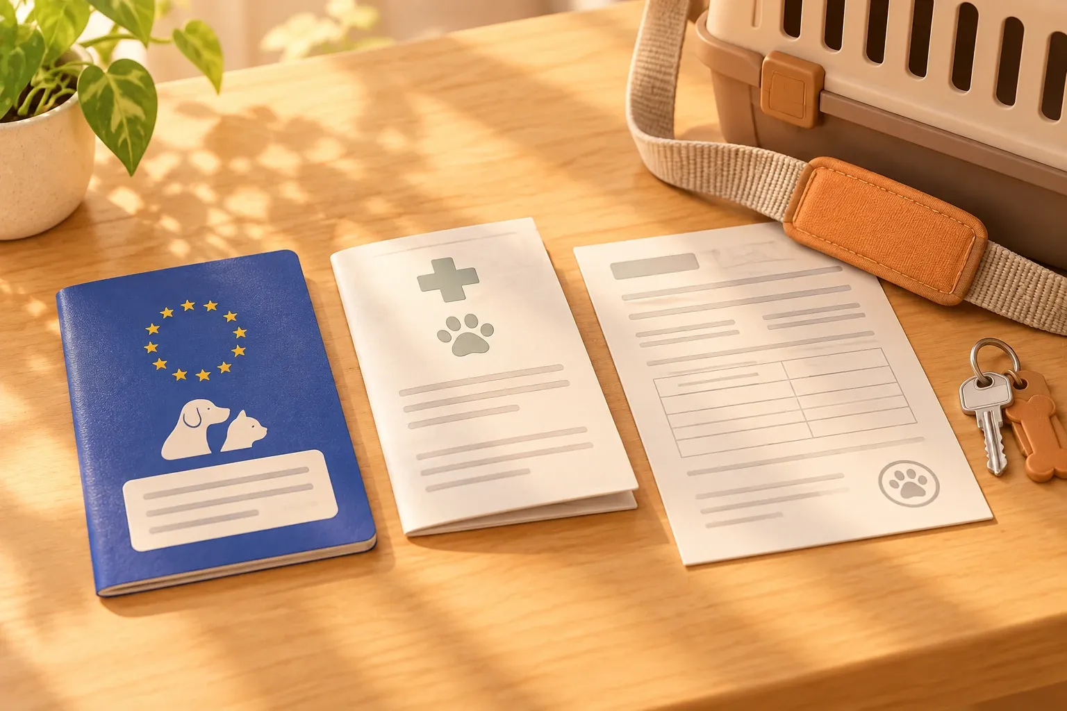 An EU pet passport booklet, a folded veterinary certificate and a printed form laid side by side on a wooden table, next to a carrier strap and a set of keys
