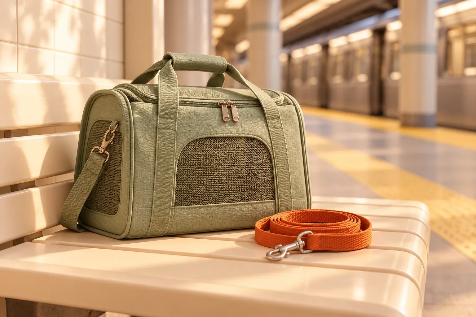 A closed sage pet carrier and orange leash on a cream transit bench